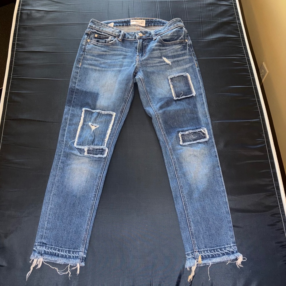 Derek‎ Lam 10 Crosby Mila Mid-Rise Patchwork Girlfriend Jeans Size 24 Blue Denim